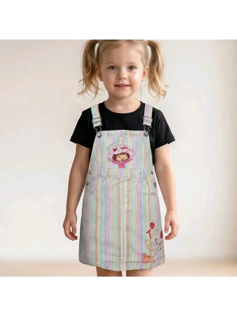 Y2K Vtg Strawberry‎ Shortcake Bib Overall Dress Denim Rainbow Striped Sz 5